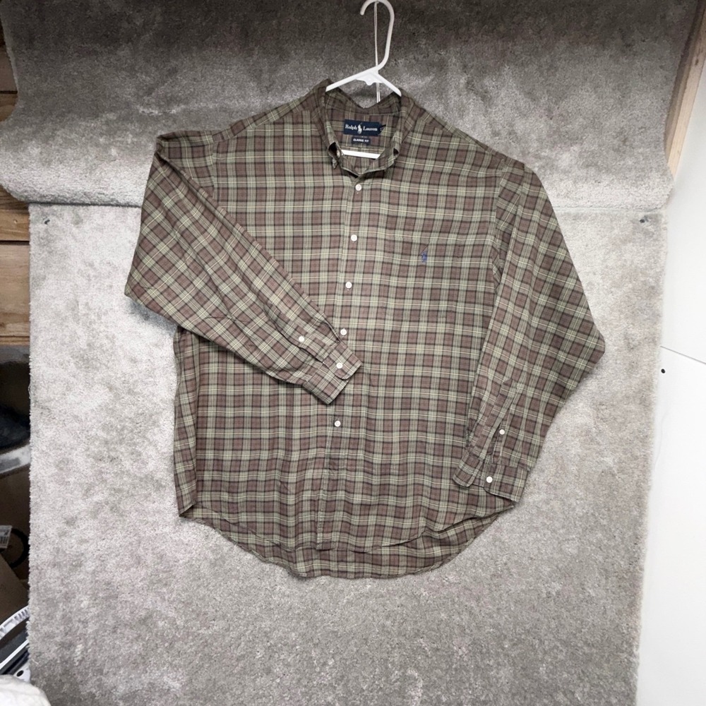 Ralph Lauren Button Down Shirt Men XL Olive Green Brown Plaid Classic Fit Logo